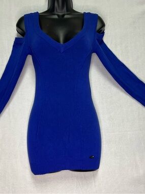 GUESS Blue Bodycon Sweater Dress Cold Shoulder Y2K Club Mini M Sexy Cutout Glam